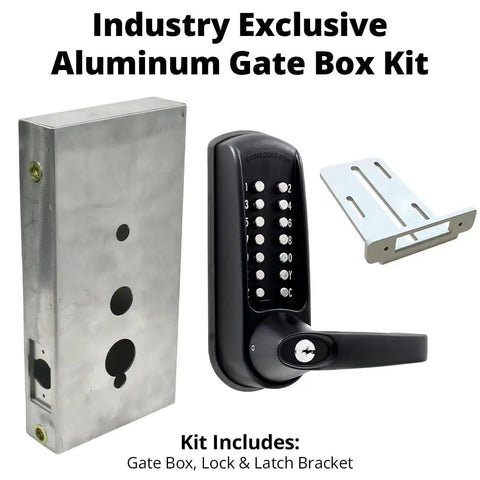 Heavy Duty Gate Lock Kit With CL610 Keyless Entry And Marine Grade Finish Rock Solid Mortise Latch Built Like A Tank For High Traffic Metal Gates Drop In Ready Includes Complete Mounting Hardware - Aluminum gate box, lock, and latch bracket.
