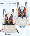 Front and back view of Cool Dog With Sunglasses Drawstring Bag For Men And Women, Lightweight Gym Sackpack With Zipper Pocket, External