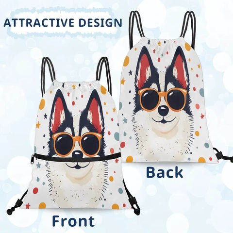 Front and back view of Cool Dog With Sunglasses Drawstring Bag For Men And Women, Lightweight Gym Sackpack With Zipper Pocket, External