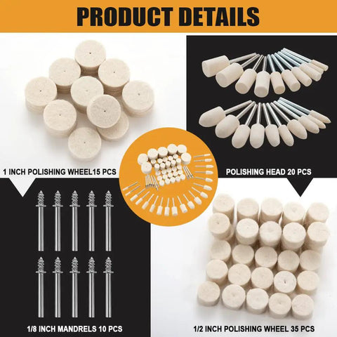 80 Piece Polishing Buffing Wheel Set With 1/8 Inch Shank, mandrels, wheels, polishing heads, product details overview