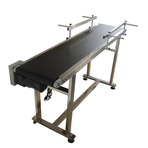 Heavy Duty 110V PVC Belt Conveyor With Double Guardrail 59 Inch Long And 11.8 Inch Wide Flat Conveyor Belt System Anti Static Construction And Adjustable Speed For Industrial Transport.