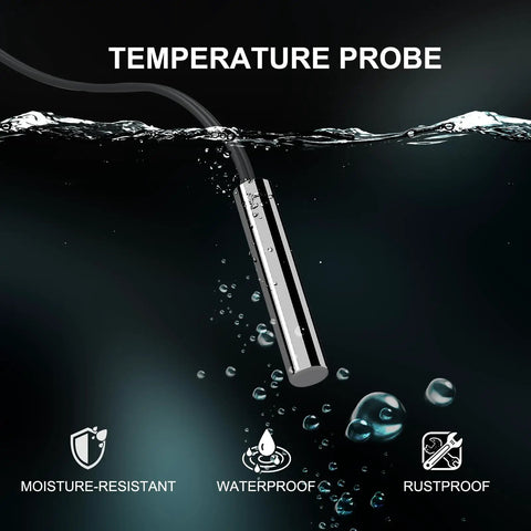 The 10K Temperature Sensor Probe submerged in water, showcasing waterproof and moisture-resistant stainless steel design.