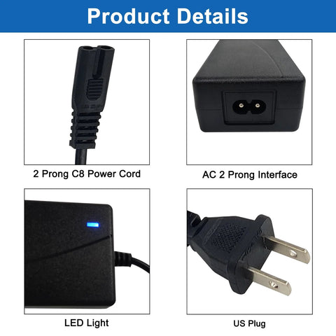JQDML black AC/DC power adapter, 12V 5A, US plug; includes C8 input cord and blue LED indicator.