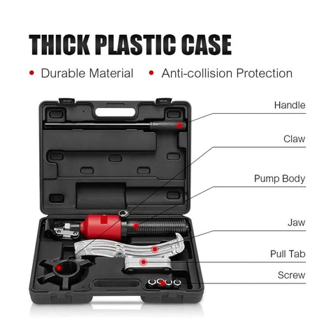 Industrial Strength Hydraulic Wheel Bearing Puller Providing Solid 15 Ton Pulling Power And 300 Millimeter Reach Effortless Gear Extractor in thick plastic case.