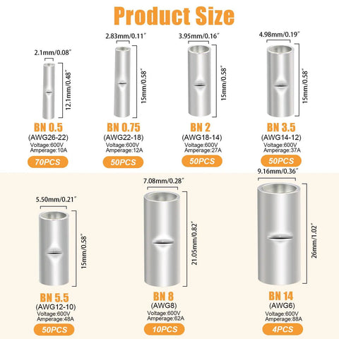 Size chart of non insulated butt connectors from 284 Piece Non Insulated Butt Connectors Kit Pro Grade 26 6 Gauge