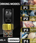 Wireless Tattoo Pen Kit For Beginners With 10 Needles And A Full Ink Set showing working modes display and tattoo application examples