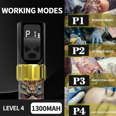 Wireless Tattoo Pen Kit For Beginners With 10 Needles And A Full Ink Set showing working modes display and tattoo application examples