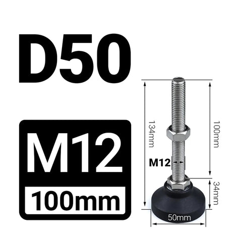Top Notch Universal Adjustable Leveling Feet With Swivel Glide Pads For Furniture D50 X 100 Mm M12 Thread rust proof steel and nylon with dimensions.