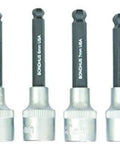 Ball End Socket Bit Set, 8-Piece, 2 Inch Length, Metric 3mm to 10mm, arranged in a row, fits standard 6-point sockets