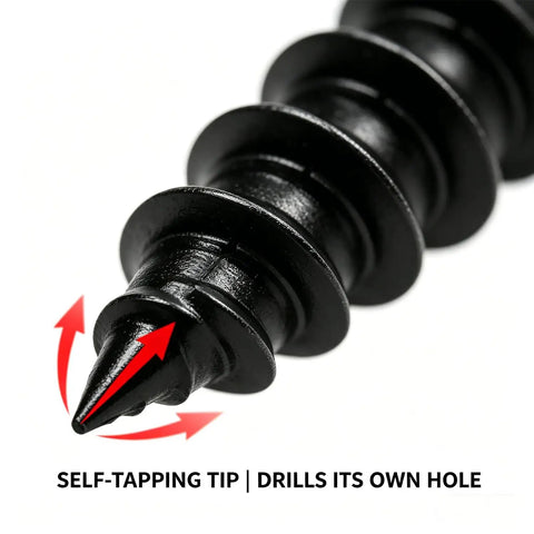 Close-up of self-tapping tip in Go-To Drywall Screws Kit With 220 Black Wood Screws In 5 Sizes For Sheetrock And Picture Frames.