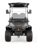 Front view of Battle Ready Six Seater Electric Shuttle Golf Cart Built Tough With A Rock Solid 48V 5Kw Motor Cruises At 25Mph Over 50 Miles.