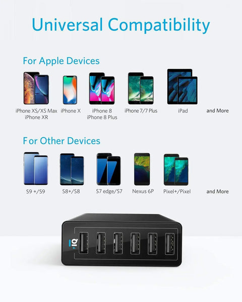 Six Port 60W USB Charging Hub For iPhone iPad MacBook Galaxy LG HTC And More With Fast Charging Tech And Overload Protection