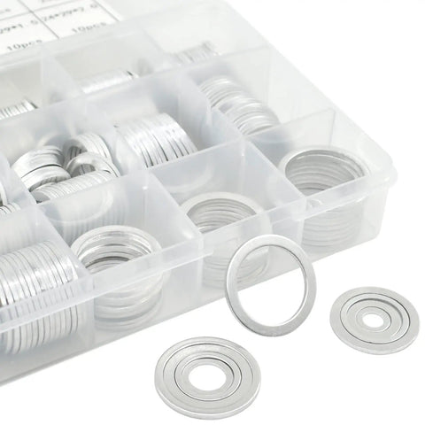 540 Piece Aluminum Crush Washer Set For Automotive Oil Drain Plugs, 10 Metric Sizes M6 To M24, Durable Silver Assortment Perfect For DIYers, Motorcycles, And Equipment Maintenance, organized in plastic box