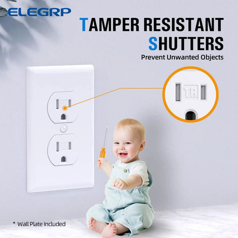 Tamper-Resistant Duplex Receptacle 15A 125V Wall Outlet With Wall Plate, child safety feature shown in use, Glossy White