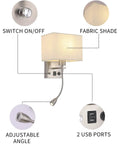 Two Pack Plug In Wall Sconce Set With Dimmable Switches And USB Ports Brushed Nickel Bedside Reading Lamps feature diagram