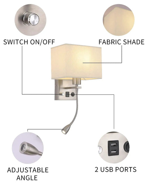 Two Pack Plug In Wall Sconce Set With Dimmable Switches And USB Ports Brushed Nickel Bedside Reading Lamps feature diagram