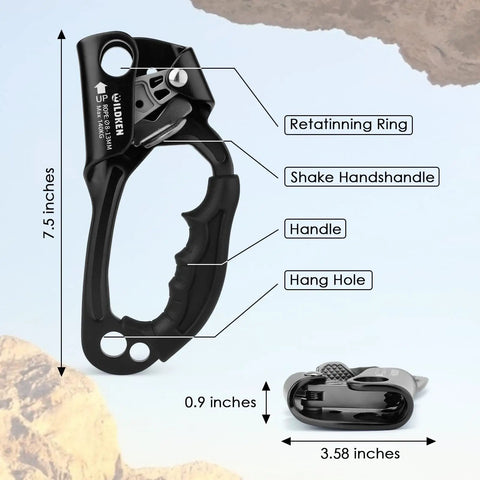Go-To Climbing Hand Ascender For 8-13mm Rope Left Or Right Hand Durable Aluminum Mountaineering Gear Tool Showing Dimensions