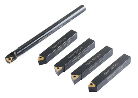 Half Inch Mini Indexable Turning Tool And Boring Bar Set For Metalworking, Pro Grade Includes Four Turning Tools And One Boring Bar