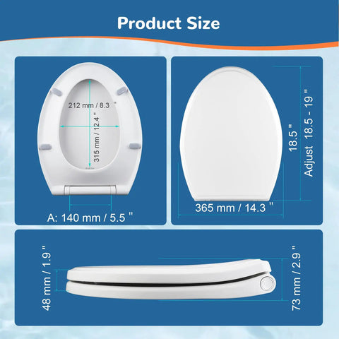 Elongated Soft Close Toilet Seat With One Click Release, Easy Oval Replacement, white, universal fit, size dimensions shown