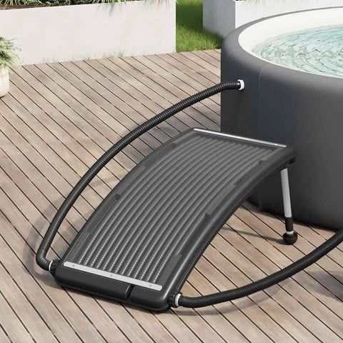 Heavy Duty Solar Pool Heater With Fully Adjustable Aluminum Legs Quick To Install For Lazy Weekend Soaks And Hella Stable Design on wooden deck.