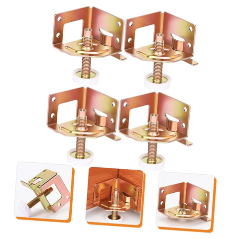 Rock Solid Adjustable Cabinet Levelers With Swivel Floor Cups For Tables And Workbenches Custom Height Design Makes Setup Hella Quick And Keeps Floors Totally Scratch Free In Rose Gold Steel Four Pack image showing four levelers with swivel cups.