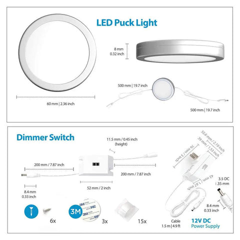 Diagram of Under Cabinet Puck Lights With Hand Wave Sensor Circular LED Cabinet Lighting Dimmable Six Pack Cool White 6000K No Hub Needed