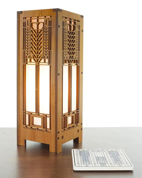 Frank Lloyd Wright Tree of Life Lightbox Mini Accent Lamp With Cherry Veneered MDF Frame Shoji Paper Shade on wooden surface