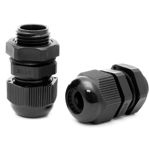 Close-up of Twenty Pack Nylon Cable Glands 3/8 NPT Waterproof IP68 Cord Grip Strain Relief for 5 to 9 mm Cables Black