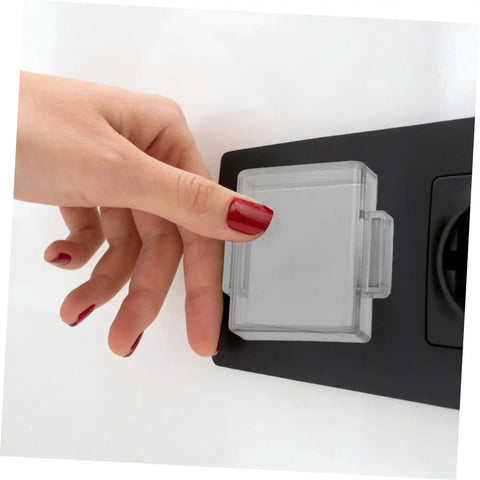 Hand touching Heavy Duty Push Button Guard Cover Protector for industrial machines 50x40x20mm on a panel