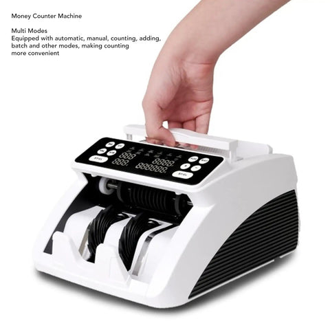 Ultra Fast Money Counter Time Saver For Mixed Denominations And Multi Currency Value Counting, Bills Counter Machine with hand demonstrating use.