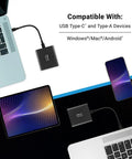 Pro Elite V2 1TB USB 3.2 Gen 2x1 Type-C External SSD connected to laptop, tablet, and smartphone, showing compatibility with USB-C and USB-A