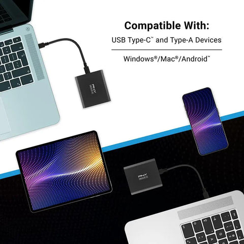 Pro Elite V2 1TB USB 3.2 Gen 2x1 Type-C External SSD connected to laptop, tablet, and smartphone, showing compatibility with USB-C and USB-A