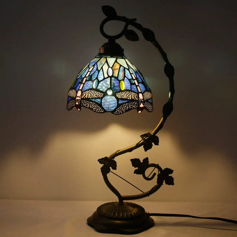 Blue Stained Glass Dragonfly Tiffany Style Table Lamp With Metal Leaf Accent Cozy Desk Or Nightstand Reading Light