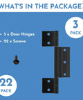 3Pack Matte Black Screen Door Hinges Featuring One Eighth Inch Grooved Center Leaf Fits Most Patio Enclosure Storm Doors Hella Solid Aluminum Construction Offering Dope Finish and Rust Proof Performance Upgrades Your Patio Setup Now - package contents including 3 door hinges and screws.