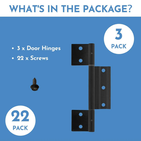 3Pack Matte Black Screen Door Hinges Featuring One Eighth Inch Grooved Center Leaf Fits Most Patio Enclosure Storm Doors Hella Solid Aluminum Construction Offering Dope Finish and Rust Proof Performance Upgrades Your Patio Setup Now - package contents including 3 door hinges and screws.