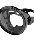 One Eighty Degree Panoramic Diving Mask With Tempered Glass Lens Anti Fog For Scuba Spearfishing And Freediving Water Mask For Adults Comfortable Fit Clear Wide View, black silicone material, side angle showing clear glass and head strap
