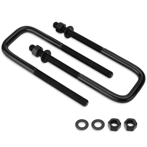 Extended Square Bend U Bolts Four Pack For One To Two Inch Lift Applications Eight And A Half Inch Long And Two And A Half Inch Wide With Nine Sixteenth Inch Threads And Hardware For Heavy Duty Spring Assembly. Black steel u bolts with washers and nuts displayed on a white background.