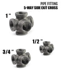 Five Way Side Exit Cross Cast Iron Pipe Fitting For Old School Vintage Style DIY Projects, Furniture And Shelves, Three Quarters Inch Size