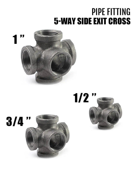 Five Way Side Exit Cross Cast Iron Pipe Fitting For Old School Vintage Style DIY Projects, Furniture And Shelves, Three Quarters Inch Size