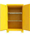 Heavy Duty Reinforced Steel Outdoor Flammable Liquid Storage Cabinet Built Tough And Totally Rock Solid With Double Wall Welded Frame And Foolproof Rain Gutters, opened with shelves visible.
