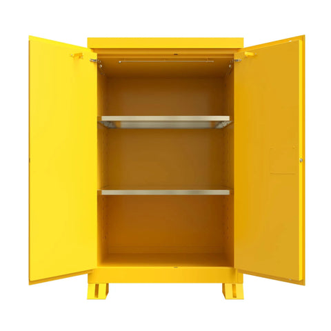 Heavy Duty Reinforced Steel Outdoor Flammable Liquid Storage Cabinet Built Tough And Totally Rock Solid With Double Wall Welded Frame And Foolproof Rain Gutters, opened with shelves visible.
