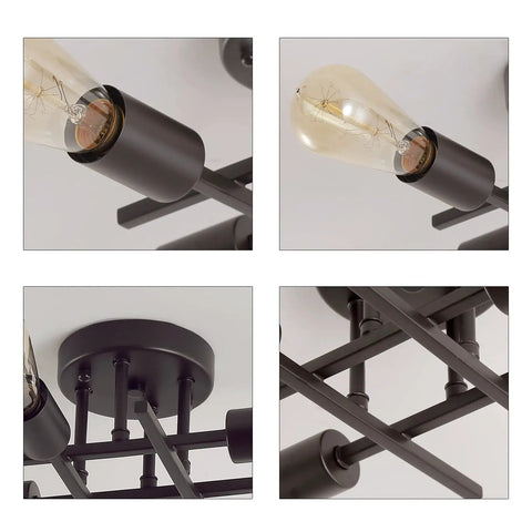 Close-up details of 4-light black semi flush mount ceiling light fixture with dope industrial farmhouse metal design, mid century modern style.