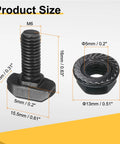 Product size of Top Shelf Kickass T Slot Drop In Bolts M6 X 16 Millimeter Hammer Head Screws with Nuts shown with measurements.