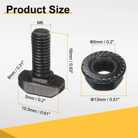 Product size of Top Shelf Kickass T Slot Drop In Bolts M6 X 16 Millimeter Hammer Head Screws with Nuts shown with measurements.