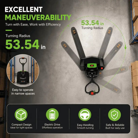 Raelon F4 Electric Pallet Jack With 3300 Lb Capacity And Quick Swap Lithium Battery For Warehouse Forklift Jobs, showing 53.54 inch turning radius.