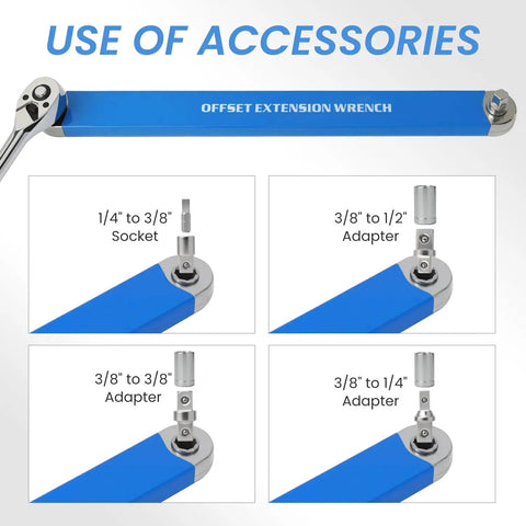 Offset Extension Wrench Set With Zero Degree Ratchet Extension For Tight Spaces, showing socket and adapter use