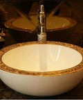USZWBY Bathroom Vessel Sink, Basin Sink Golden Edge Artistic Porcelain Countertop Thick Wall Round Bathroom Sink Wash Basin-2 with golden floral rim.
