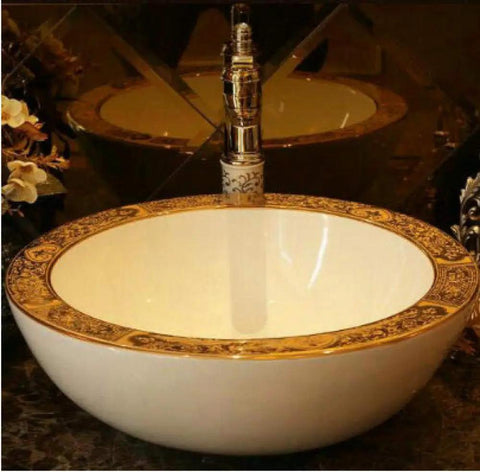 USZWBY Bathroom Vessel Sink, Basin Sink Golden Edge Artistic Porcelain Countertop Thick Wall Round Bathroom Sink Wash Basin-2 with golden floral rim.