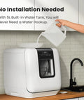 Hassle Free Countertop Dishwasher Plops Onto Your Kitchen Counter with 5L water tank for easy use and no installation.
