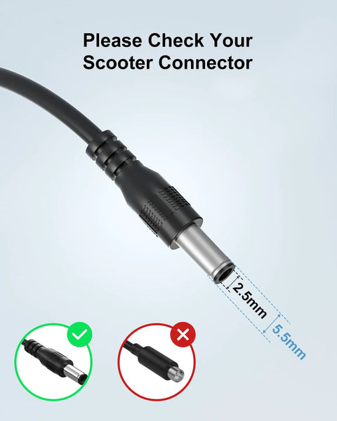 Close-up of DC plug on 42V All In One Universal Charger For Jetson Electric Bikes And Scooters, with measurements 5.5x2.5mm